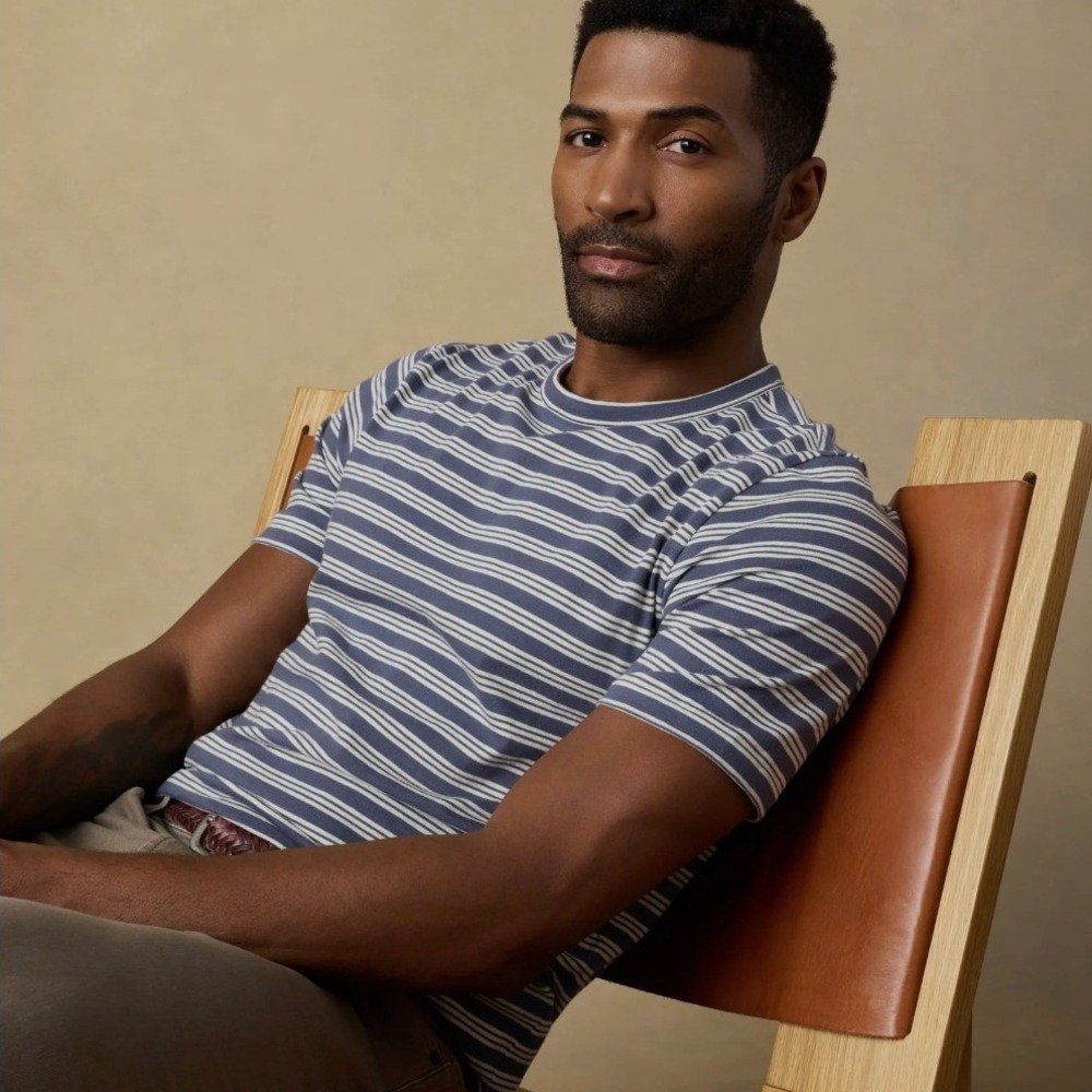 Faherty Mens Sunwashed Organic Cotton Striped T-Shirt Blue White Small